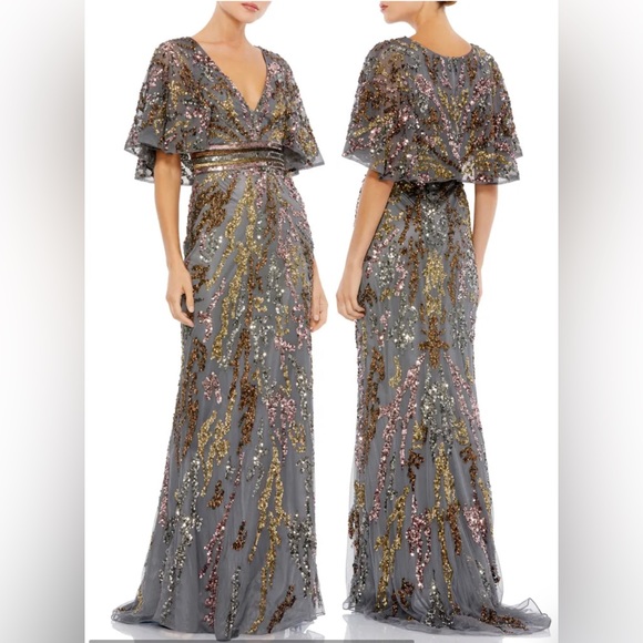 Mac Duggal Dresses & Skirts - NWT Mac Duggal Sequins Cape Sleeve Trumpet Gown Charcoal Size 4